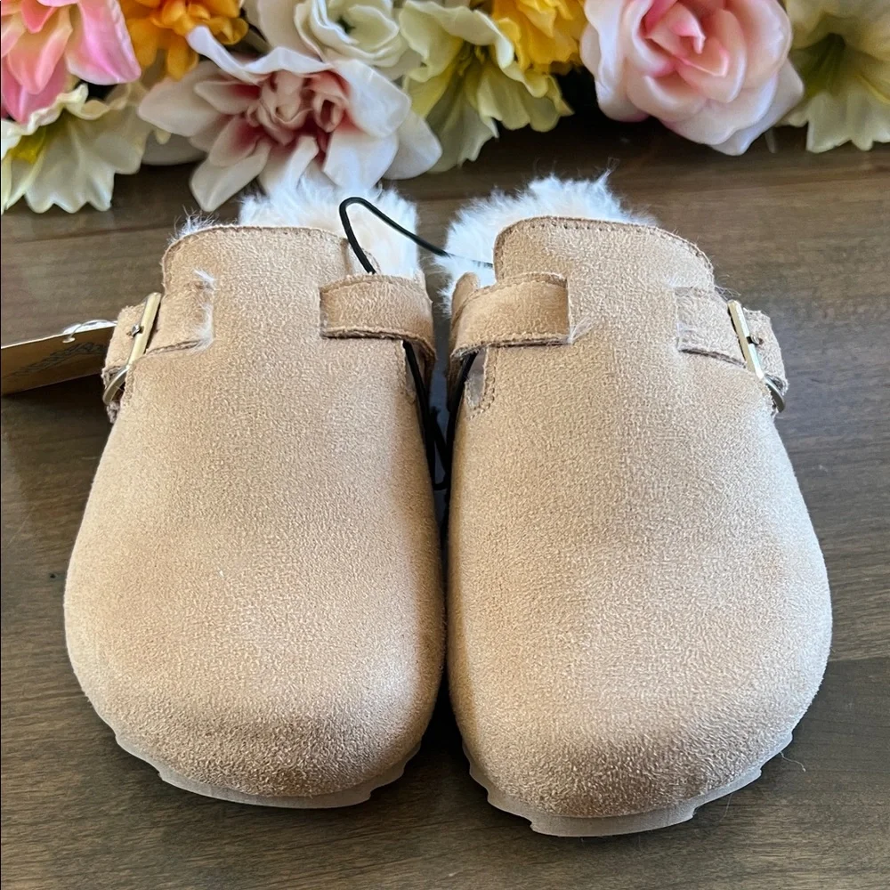 Kids Faux-Suede Slip-On Clogs with Plush Lining — Light Tan